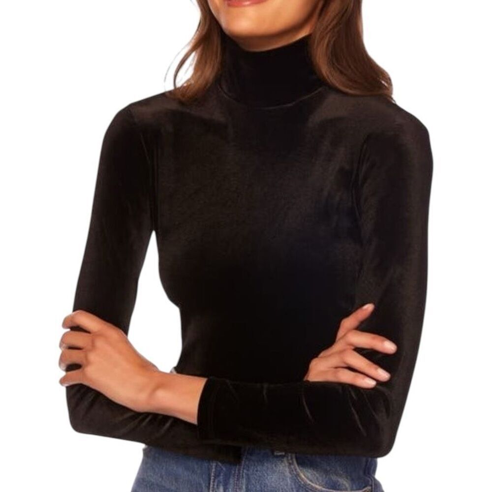 NEW Susana Monaco Mock Neck Stretch Velvet Long Sleeve Top Black M